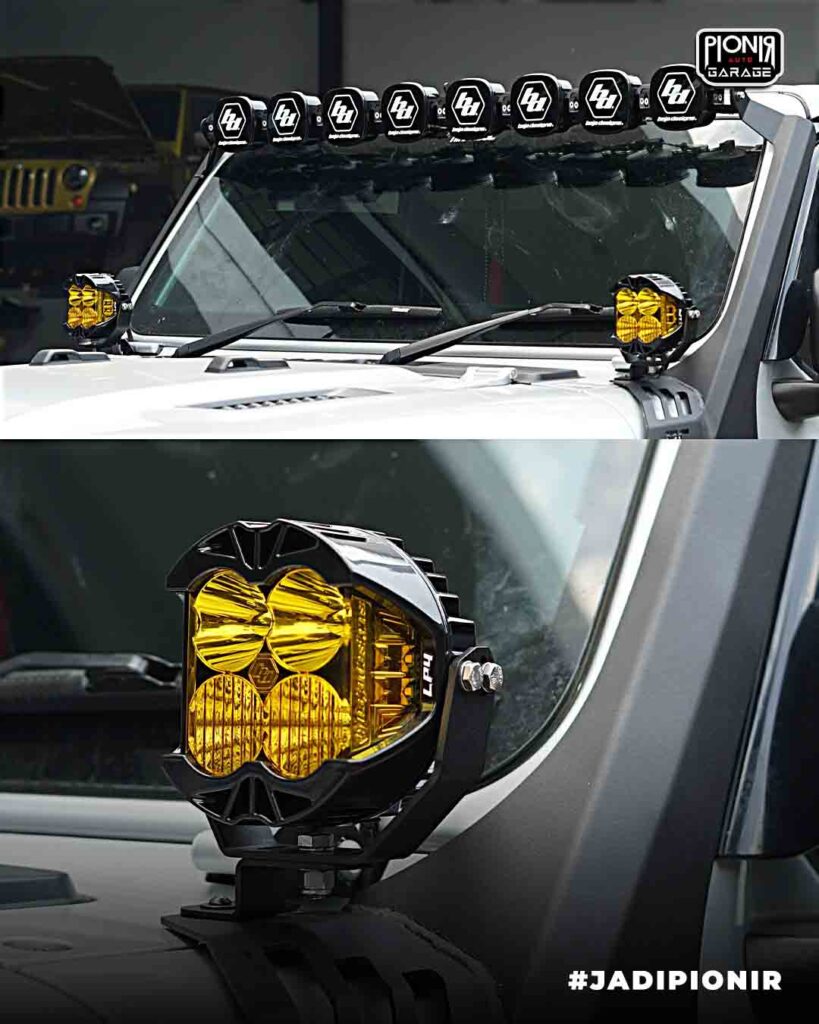 Modifikasi Jeep Rubicon JL ala Crazy Rich Sulawesi di Pionir Auto Garage by Pionir Jeep dengan lampu Baja Designs XL Linkable Light Bar 50 inch dan Baja Designs LP4 amber lens