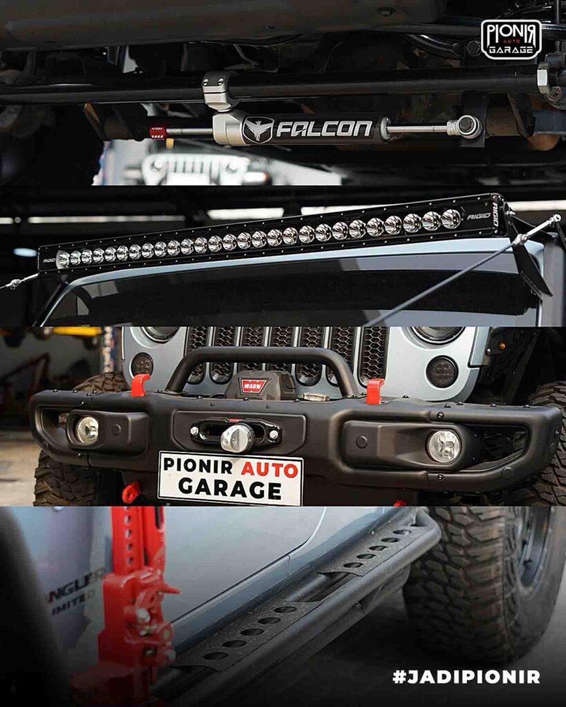 Hasil Modifikasi Jeep, dari atas ke bawah adalah Falcon Shocks Nexus EF 2.2 Fast Adjust Steering Stabilizer, Rigid Radiance Plus 50 Inch LED Bar RGBW Light Bar, Anniversary Style Front Bumper, Tubular Side Step