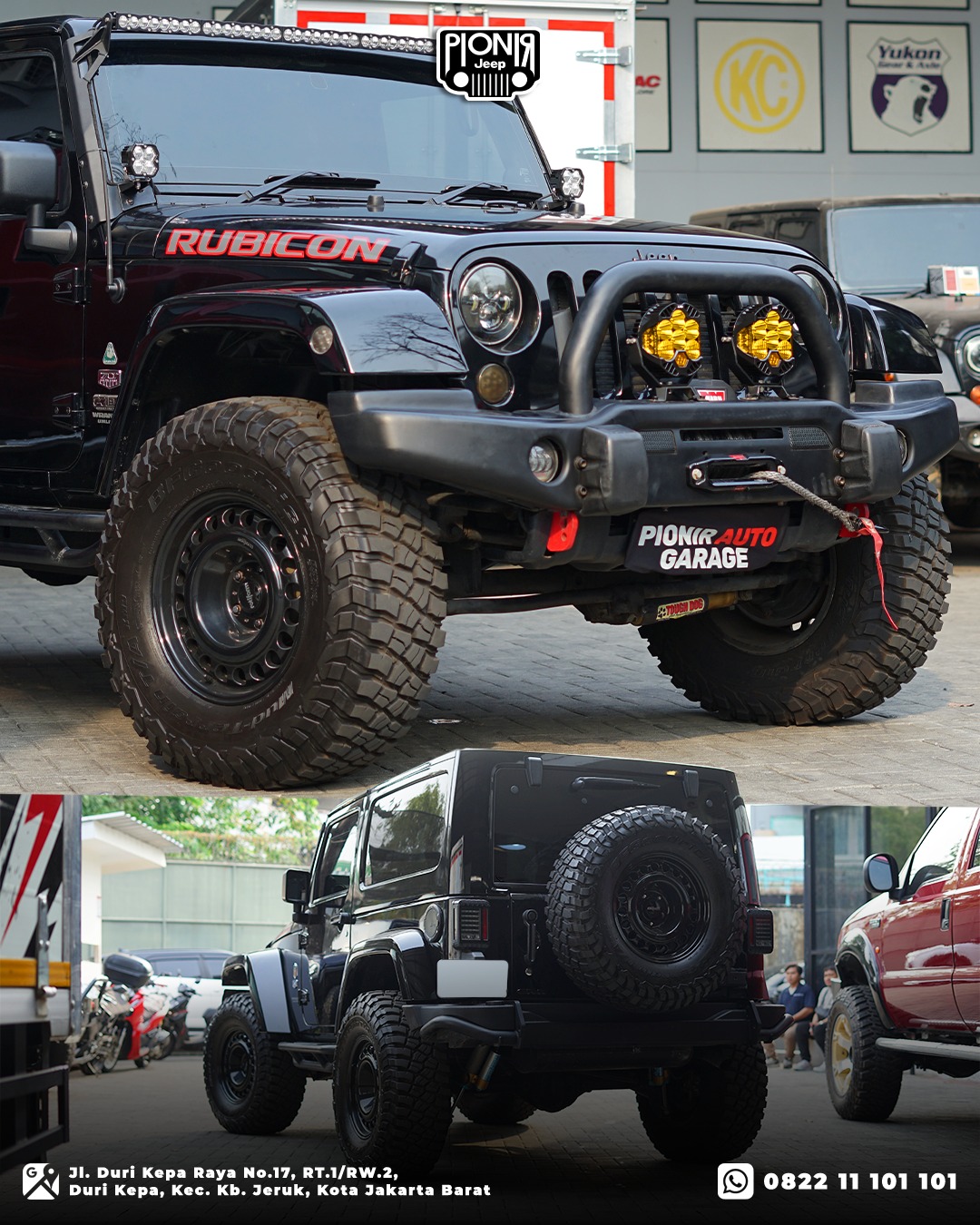 Jeep JK Rubicon offroad look dengan ban BFGoodrich 35 inch, King Shock, AEV bumper belakang dan side step tubular