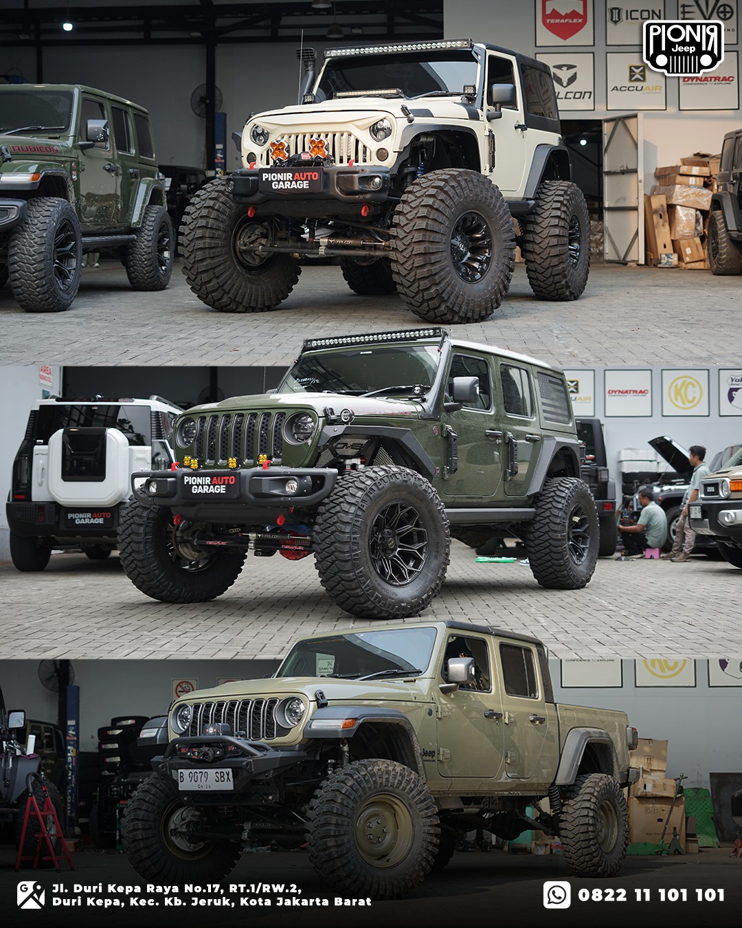 Kompilasi modifikasi offroad Jeep JK, JL, dan JT Gladiator Rubicon gaya monster dengan ban besar di Pionir Auto Garage