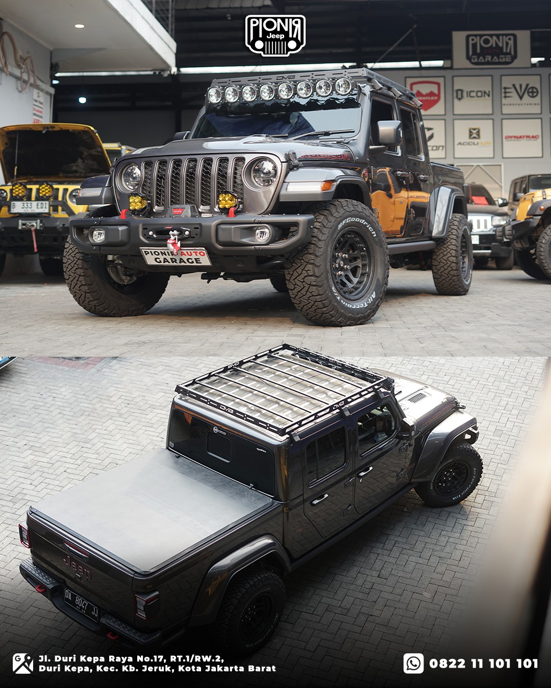 Modifikasi eksterior depan dan bak belakang dan roof rack dv8 offroad pionir jeep pada jeep gladiator jt