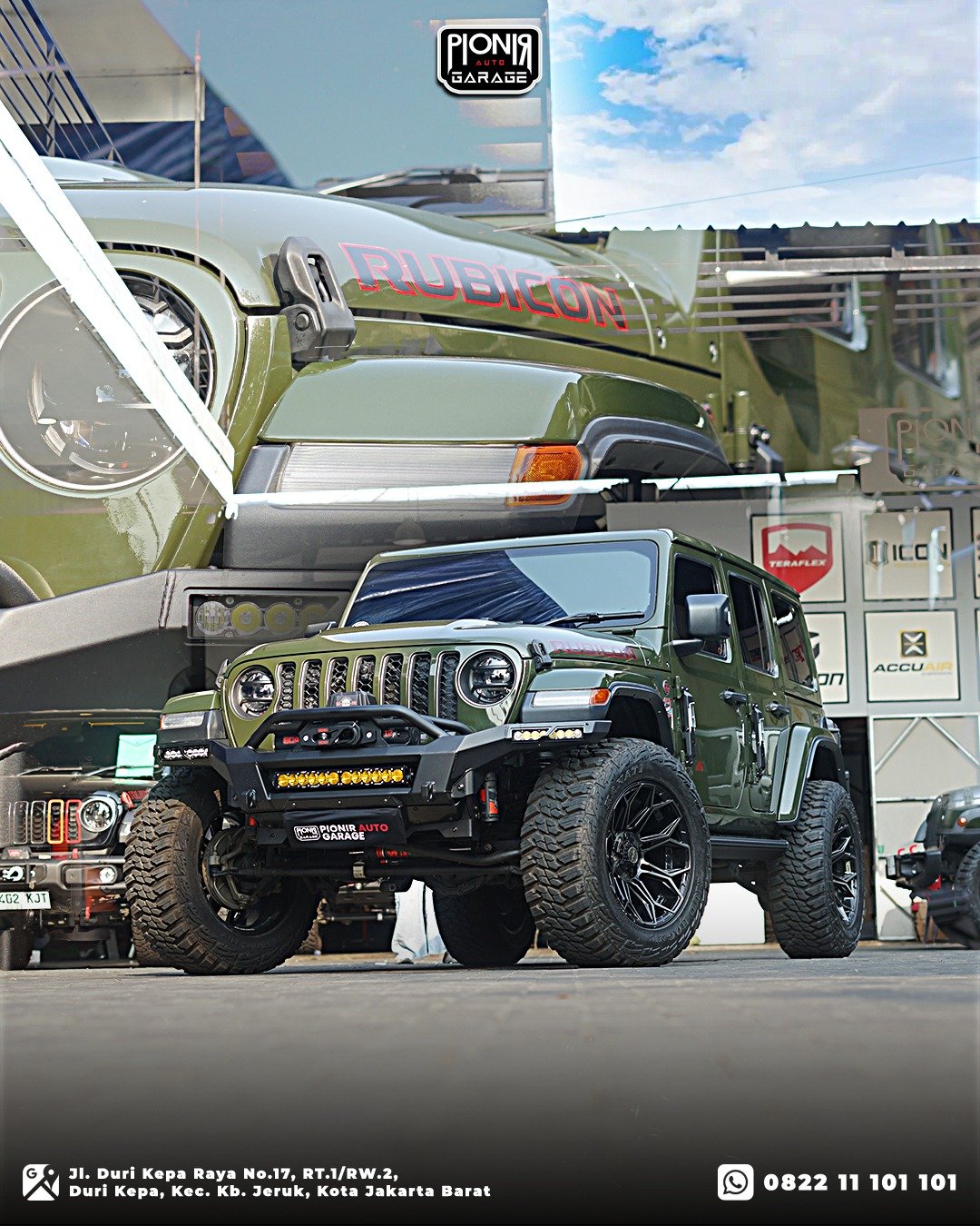 Tampilan depan Jeep Rubicon JL Green Army dengan bemper ADD Offroad dan lampu Baja Designs hasil karya Pionir Jeep