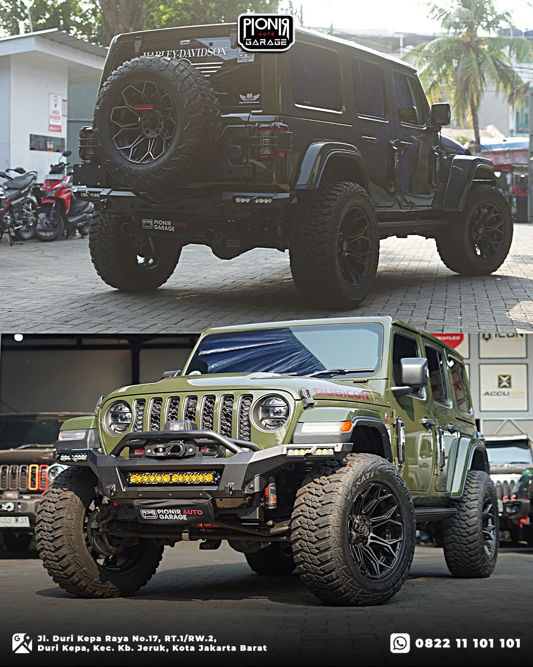 Kombinasi tampak depan dan belakang Jeep Rubicon JL Green Army full spec modifikasi