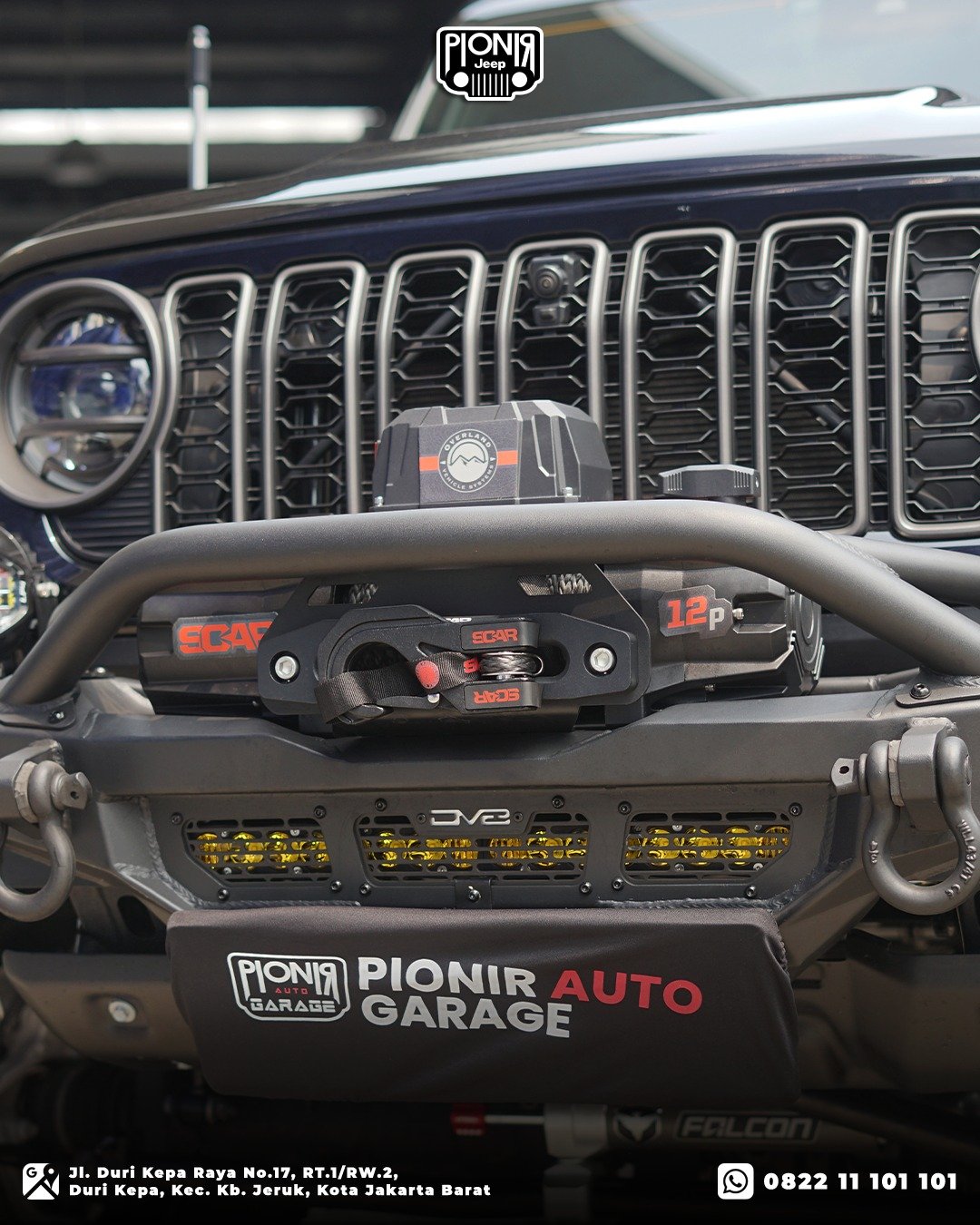 Close up posisi winch OVS Scar 12P di dalam bemper baja DV8 Offroad