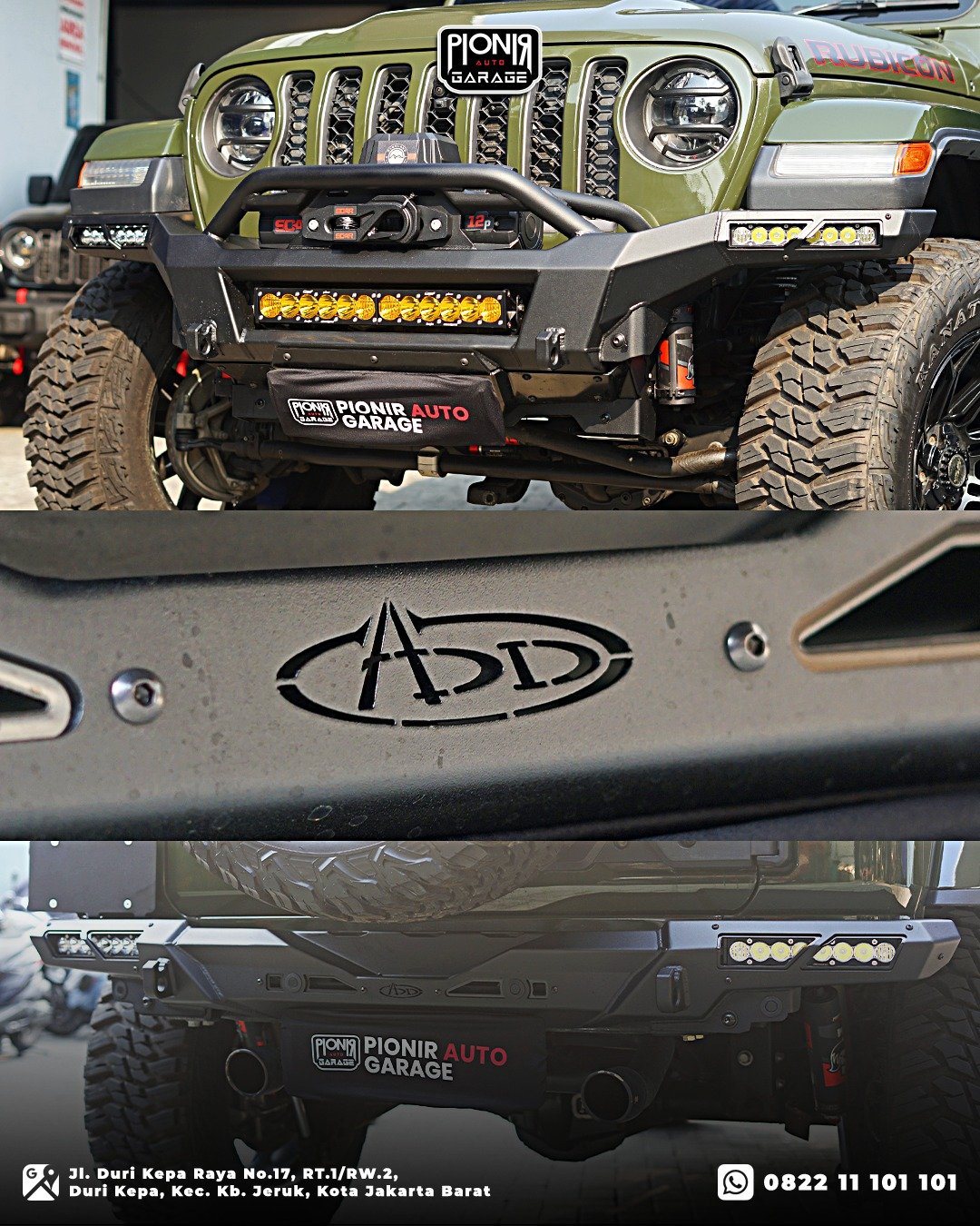 Detail perbandingan bemper depan dan belakang ADD Offroad pada modifikasi Jeep Rubicon JL
